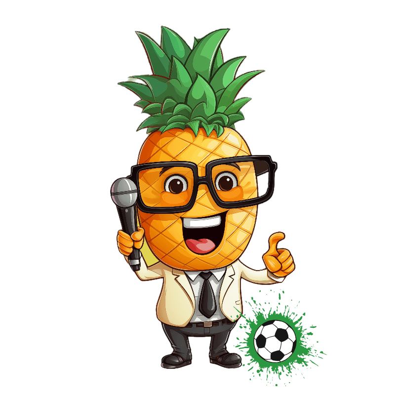 Piña, la mascota de Soy quien más sabe de fútbol: una piña sonriente con gafas, micrófono en la mano y un balón a los pies